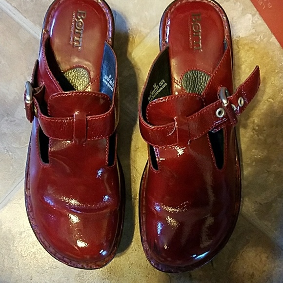 red patent clogs